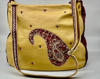 All Leather Hands Free Everyday Bag in Burgundy and Olive Green with Embroidered Paisley and Rhinestones