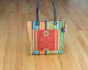 Orange,Turquoise and Brown leather Zippered Medium Tote Bag,” Rajasthan”