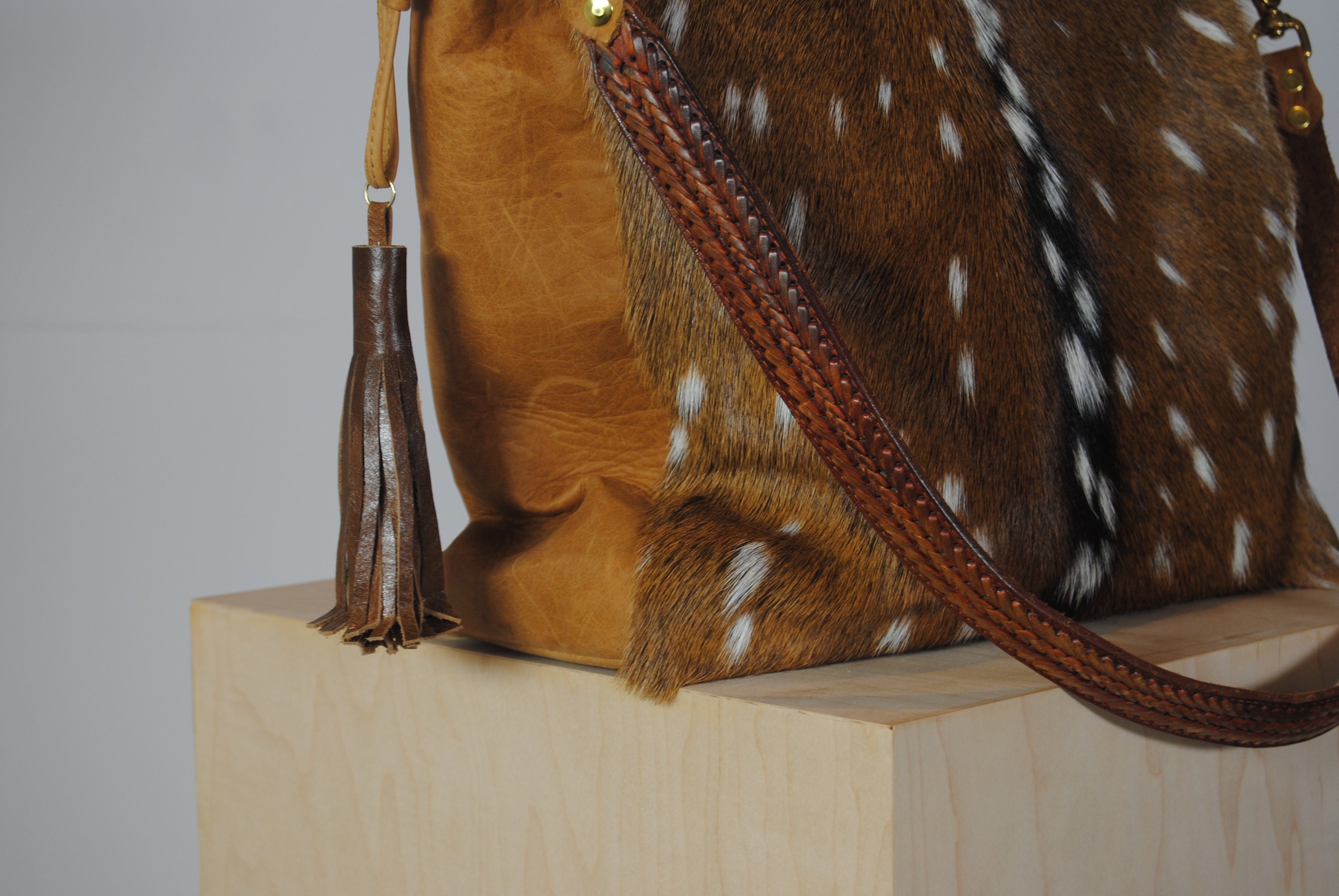 Axis Deer Skin With Fur on and Genuine Leather Medium Shoulder Bag