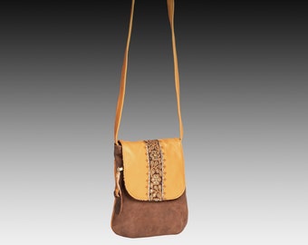 All Leather Brown and Mango Yellow Embroidered Crossbody Bag