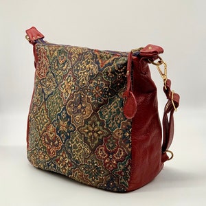 Blue and Red Tapestry  with Red Leather Transformable Bag Backpack with Sequins