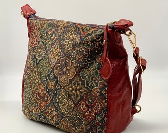 Blue and Red Tapestry  with Red Leather Transformable Bag Backpack with Sequins