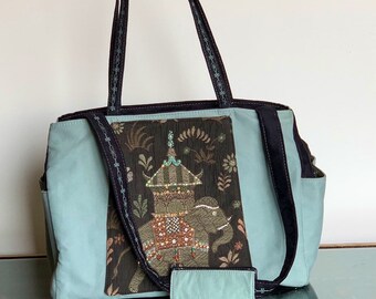 Sea Green and Black Suede Beaded Tapestry Large Overnight Bag,"Haathi Mere Saathi"