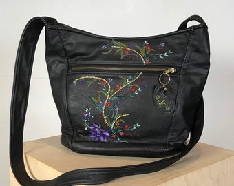 Black Leather Embroidered Bucket Messenger Purse Sophisticated Garden