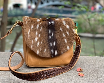 Axis Deer Skin with Fur and Genuine Cowhide Flap Cross Body Bag