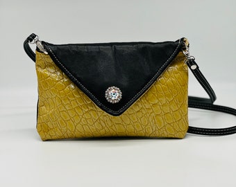 Black and Embossed Gold Leather Envelope Purse , “Roshni”