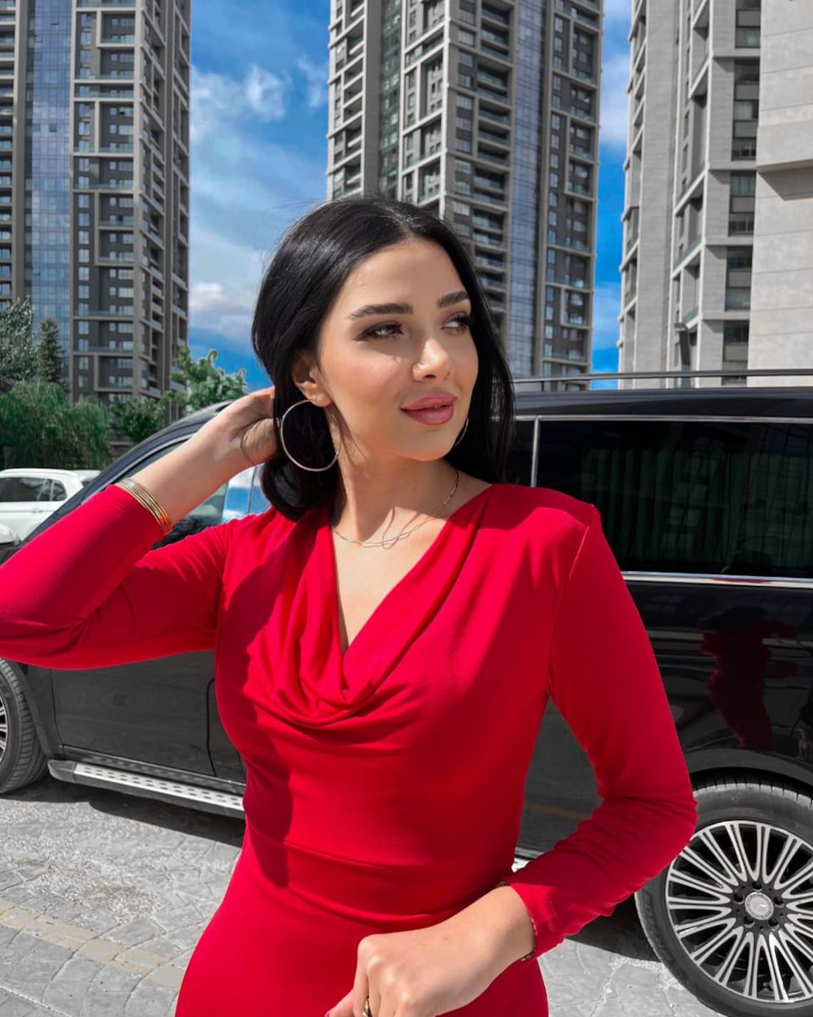 Neile | Red Crew-Neck Maxi Dress With Cut-Out and Sash Details
