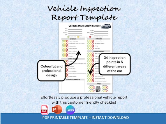 Vehicle Inspection Report Template: Editable PDF Car Checklist (Digital Download)