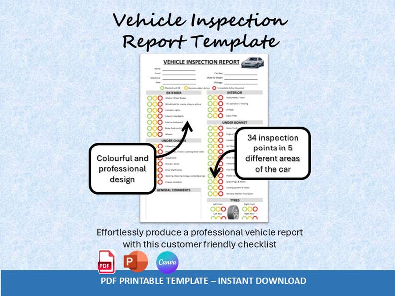 Vehicle Inspection Report Template: Editable PDF Car Checklist (Digital Download) image 1