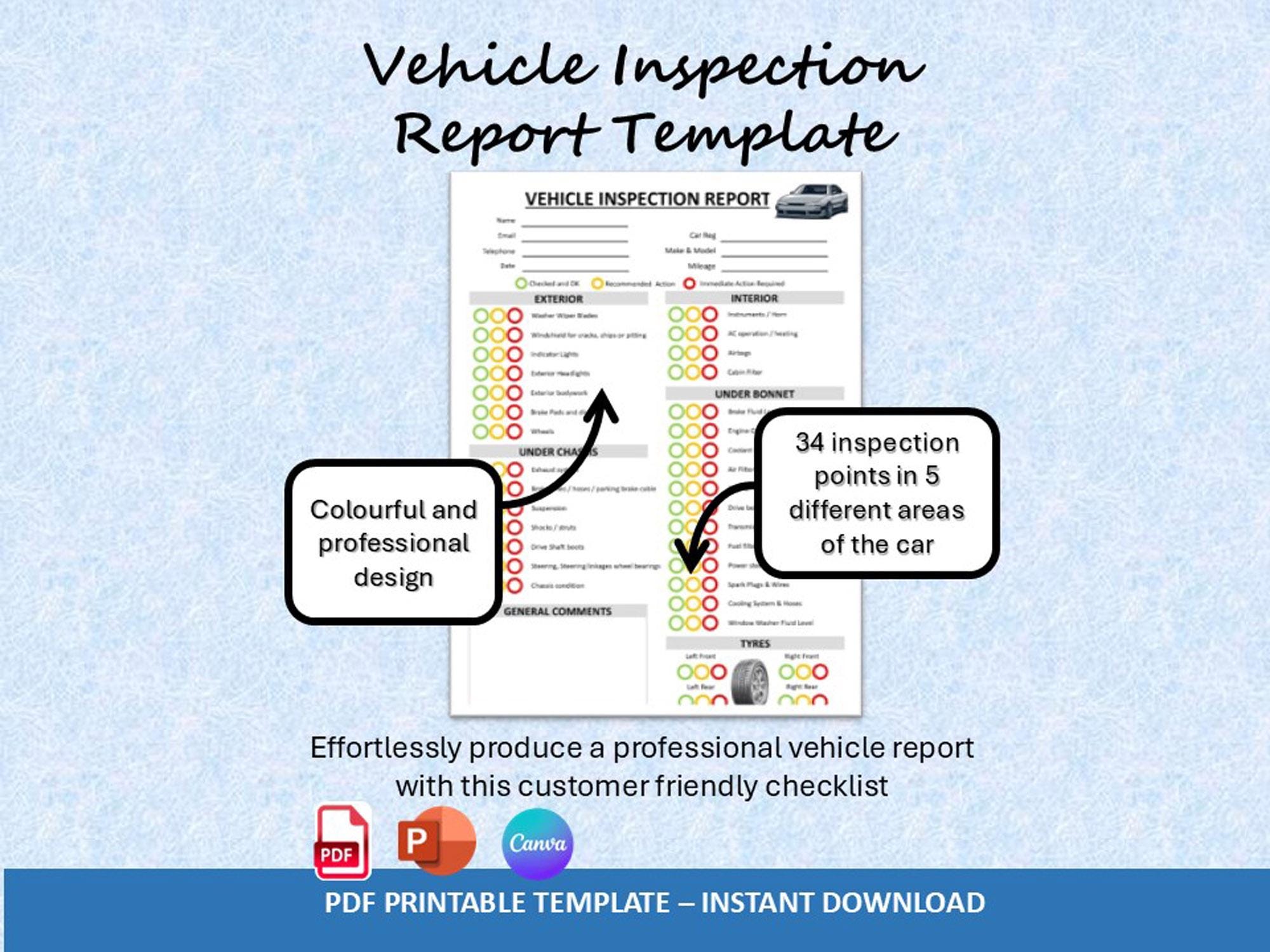 Vehicle Inspection Report Template: Editable PDF Car Checklist (digital ...