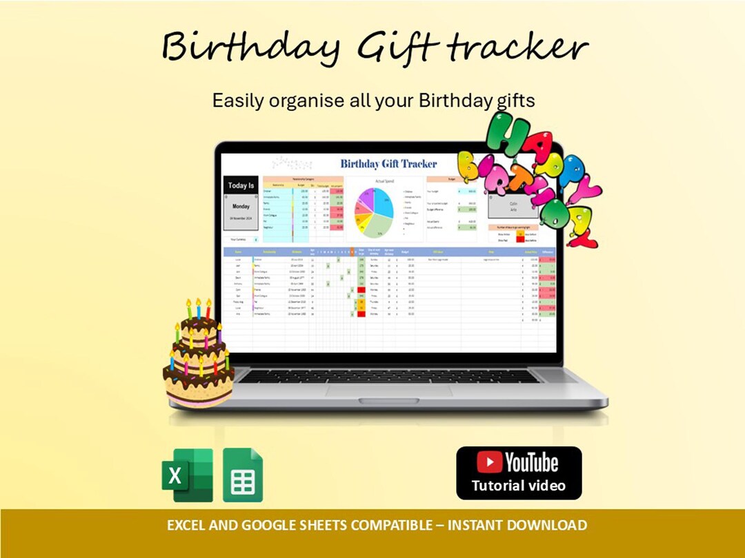 Excel Birthday List Example Birthday Gift Tracker Spreadsheet: Excel & Google Sheets Template ...
