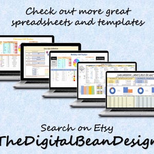 May include: Five laptops showing spreadsheet templates, including a Christmas gift tracker and loan calculator. The text at the top says "Check out more great spreadsheets and templates." The Etsy shop name, "TheDigitalBeanDesign," is displayed at the bottom.