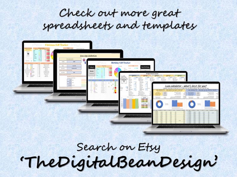 May include: Five laptops showing spreadsheet templates, including a Christmas gift tracker and loan calculator. The text at the top says "Check out more great spreadsheets and templates." The Etsy shop name, "TheDigitalBeanDesign," is displayed at the bottom.