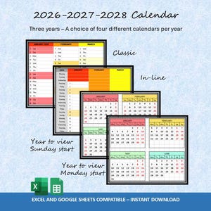 2026-2027-2028 Printable Calendar Colourful Planning Template  : Excel & Google Sheets (Digital Download)