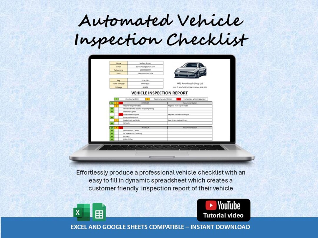 Automated Vehicle Inspection Checklist Spreadsheet : Excel & Google ...