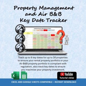 May include: A laptop screen shows a spreadsheet titled "Landlord Property Management Tracker." The image features the text "Property Management and Air B&B Key Date Tracker." A red question mark and a small figure are on the right. The image also includes the text "Excel and Google Sheets Compatible - Instant Download."
