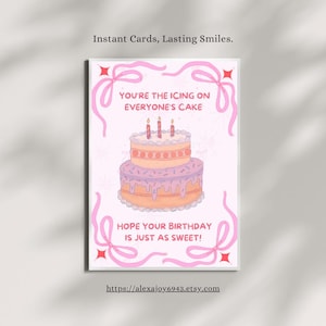 Cartão de aniversário para impressão - Cartão de aniversário fofo e estético - Cartão de aniversário estilo coquete - Download instantâneo - Cartão digital de bolo pastel para ela
