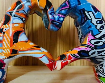Graffiti Heart Hands Sculpture Modern Abstract Decor Piece for Colorful Home Accents