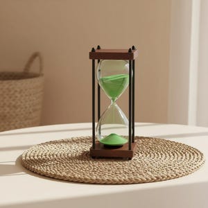 May include: An hourglass with a dark brown wooden frame and black supports. The glass bulbs contain green sand. The hourglass sits on a round, woven mat. A wicker basket is in the background.