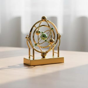 May include: A gold-colored, spherical decorative object with a complex, orbital design. The piece features multiple interconnected rings and spheres, with green glass orbs at the center. It sits on a rectangular base, creating a modern, artistic display.