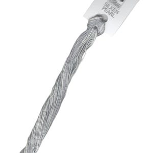 May include: A spool of silver-colored embroidery floss with a white label that reads "DMC Silken Pearl".