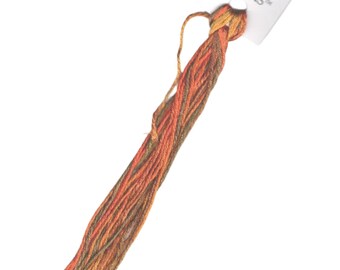May include: A skein of The Thread Gatherer Silk 'n Colors embroidery floss in shades of orange, brown, and gold. The floss is attached to a white label with the brand name and logo.