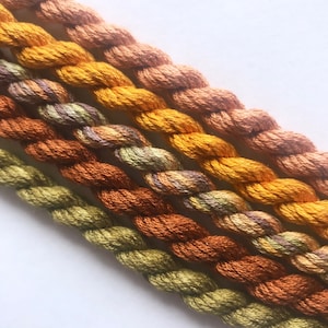 May include: Four skeins of embroidery floss in shades of orange, yellow, and green. The floss is arranged in a diagonal line, with the lightest color at the top and the darkest color at the bottom.