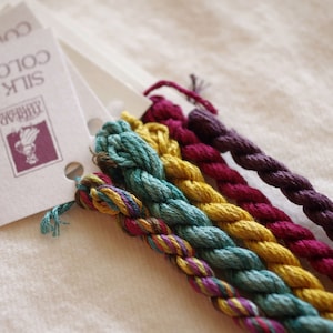 Op de afbeelding: Een close-up van zes spoelen borduurgaren in verschillende kleuren, waaronder teal, paars, geel, rood en bruin. De spoelen zijn gelabeld met "Silk N. Colors" en "Threadbare".