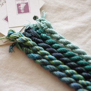 Hand Dyed Silk Embroidery Thread Sampler, Spruce Forest Colors
