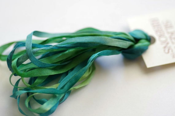 Silken Ribbons 4mm by The ThreadGatherer. SR4 009 Evergreen. Thread Gatherer. Hand Dyed Ribbon. Green Ribbon.
