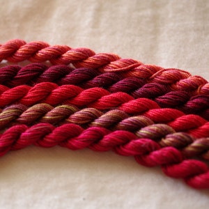 May include: A collection of six skeins of embroidery floss in shades of red, pink, and purple. The floss is arranged in a row, with the darkest shade at the bottom and the lightest shade at the top.