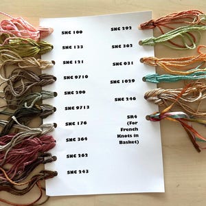 Puede incluir: Un conjunto de hilos de bordar en varios colores, incluyendo rosa, verde, marrón y naranja, dispuestos junto a un papel blanco con códigos de color. Los hilos están agrupados y sujetos al papel con pequeños sujetadores metálicos. El papel incluye texto como "SNC 100" y "SR4 (For French Knots in Basket)".