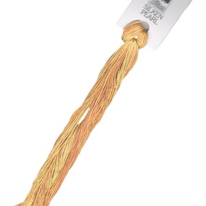 May include: A skein of Silken Pearl embroidery floss in a peach and gold color. The floss is tied to a white tag with the words "Silken Pearl" printed on it.