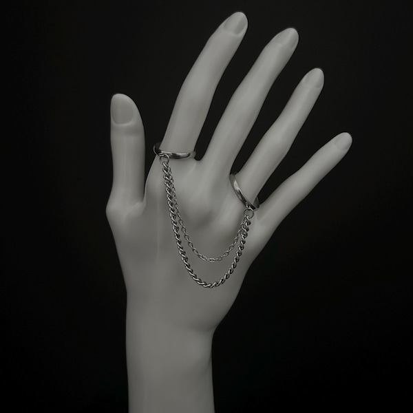 Double Chain Ring Adjustable, Chunky Curb Chain Ring, Edgy Finger Harness, Goth Punk Jewelry, Alt Metal Ring, Bold Statement Jewelry