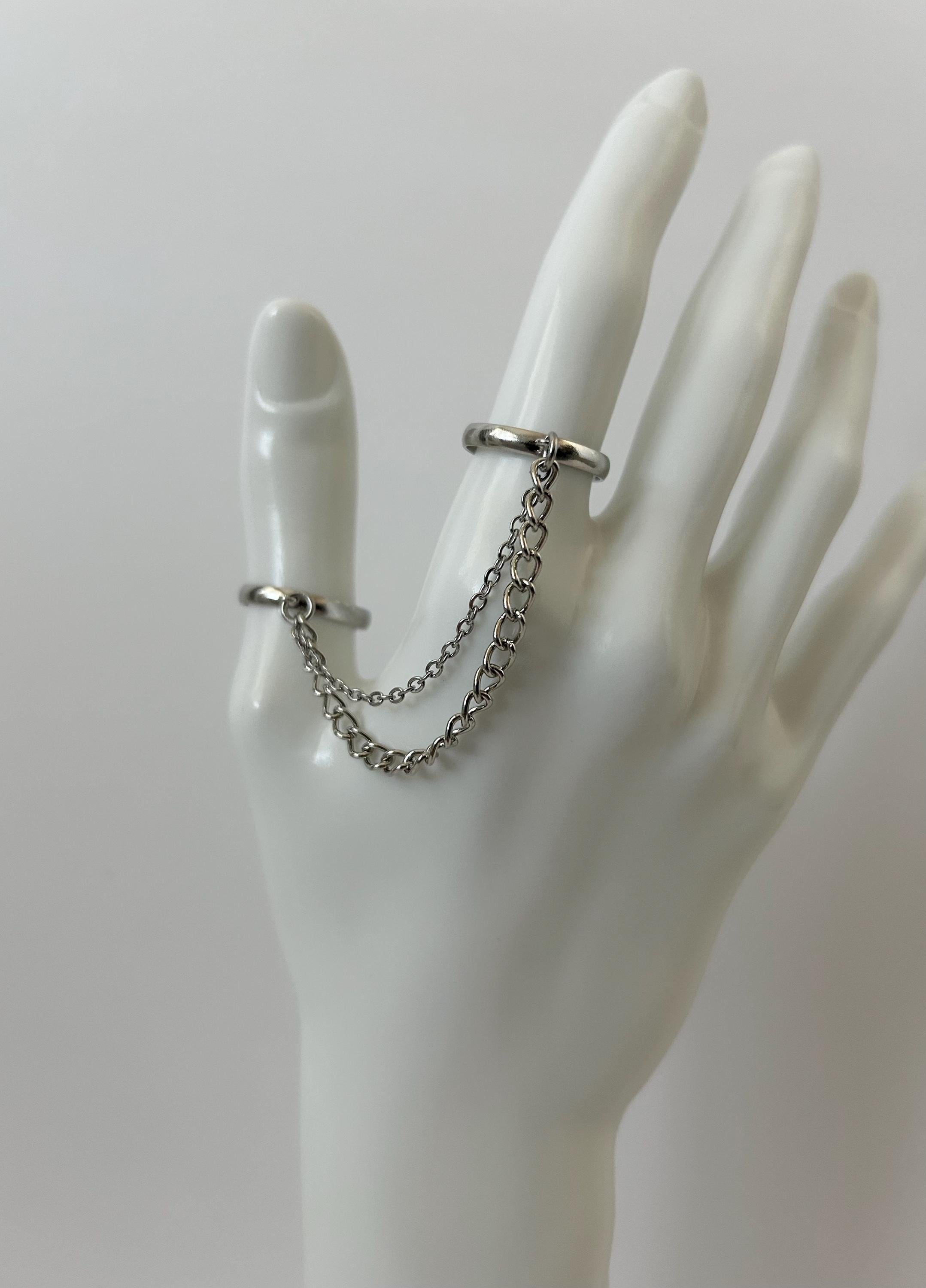Ring Silver Chain Stackable Statement Ring With Chain Punk Stainless ...