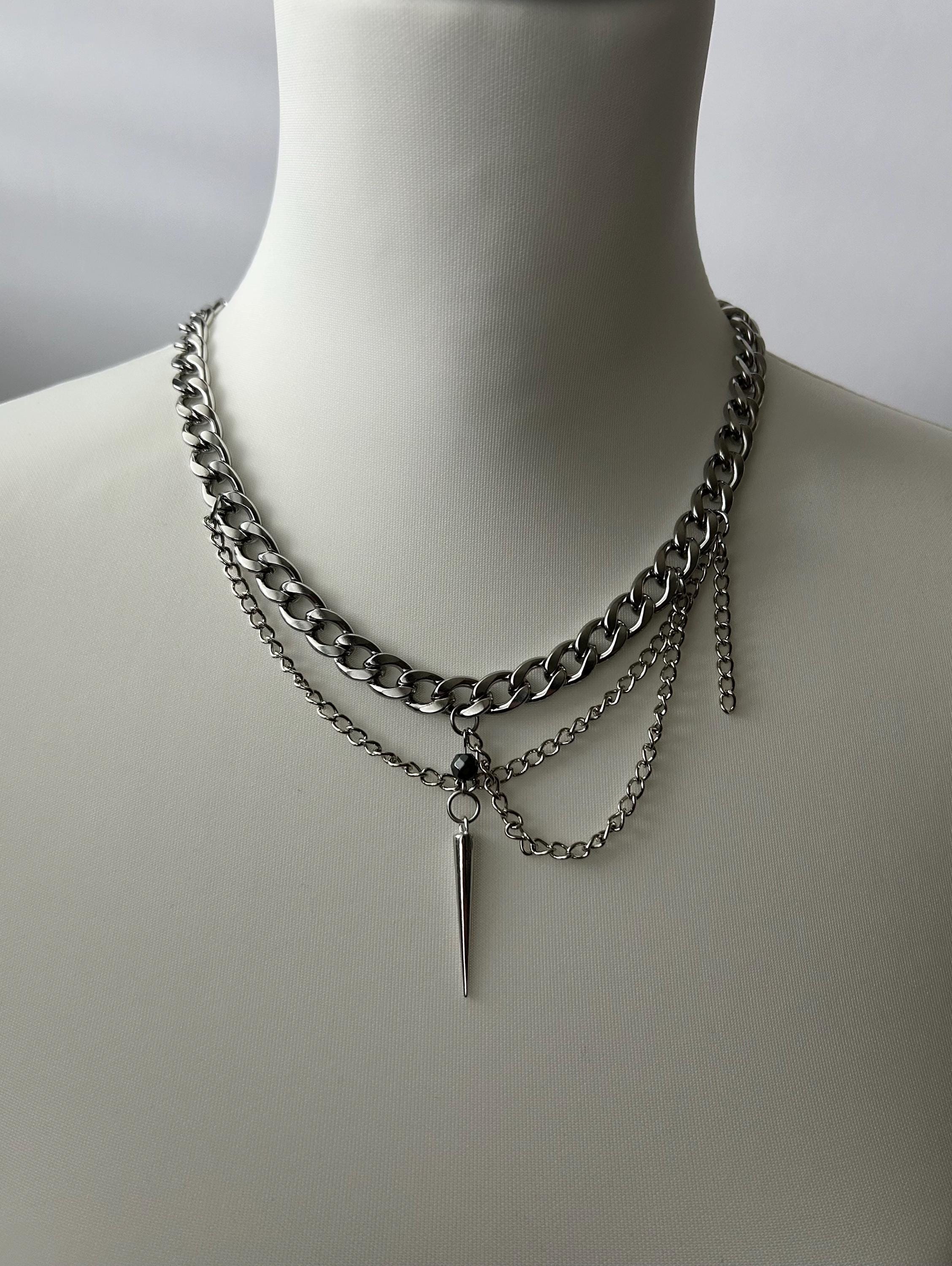 Trendy Silver Layered Chain Necklace Long Spike Pendant Punk