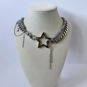 Silver star necklace y2k style edgy chain jewelry silver asymmetric punk kpop style beaded necklace silver statement jewelry acubi fashion