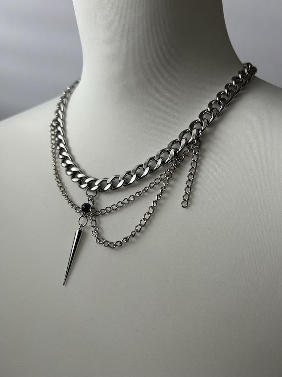 Trendy Silver Layered Chain Necklace Long Spike Pendant Punk 