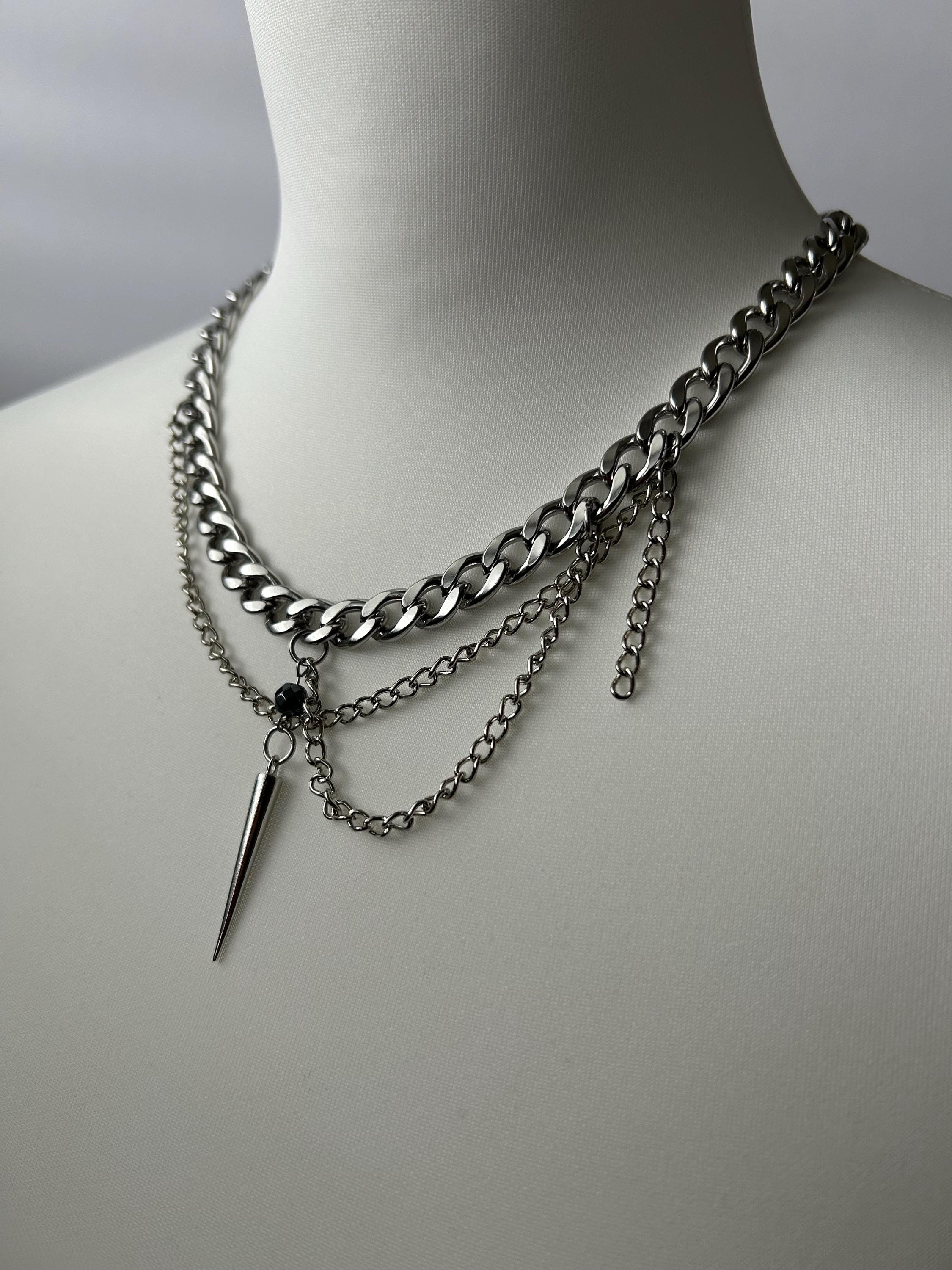 Trendy Silver Layered Chain Necklace Long Spike Pendant Punk