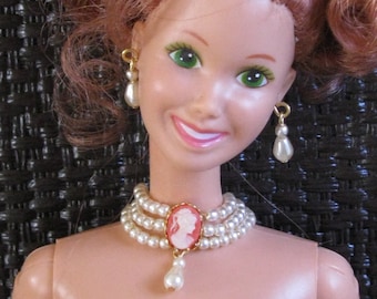 3 Strand Cascading Pearl Cameo Necklace and Drop Earrings Doll Jewelry Set 16 Colors fits Fashion Dolls 1/6th Scale 11 1/2 - 12 inches MTO