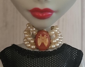 Gothic Lungs 3 Strand Cascading Pearl Cameo Necklace Bracelet and Earrings Doll Jewelry Set fits Petite Slimline Monster Dolls