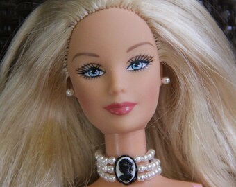 3 Strand Pearl Cameo Choker Necklace and Earrings Doll Jewelry Set 16 Colors fits Fashion Dolls 1/6th Scale 11 1/2 - 12 inch Made to Order