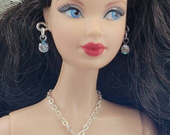 Crystal Rhinestone Drop Silver Doll Jewelry Set for 11 1/2-12 inch Fashion Dolls Necklace Bracelet Earrings