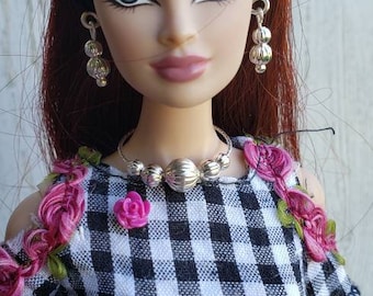 Corrugated Beaded Necklace Earrings Bracelet Doll Jewelry Set fits 11 1/2 - 12"  1/6th Scale Fashion Dolls Silver or Gold