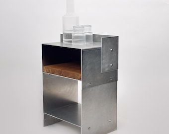 Matted Aluminum & Oak Wood Nightstand - High End Design Bedside Table