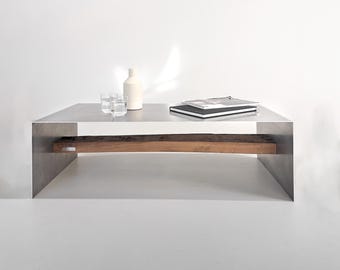 Designer Coffee Table with Oak Shelf | Premium Metal & Wood Lowboard in Industrial Wabi Sabi Style