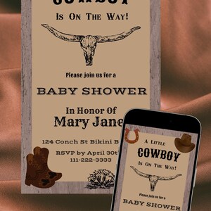 A Little Cowboy Is On The Way!  Baby shower digital editable invitation