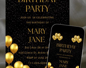 Editable Birthday Invitation Template Black and Gold Glitter Birthday ...