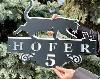 Cat and Mouse Address Sign: Whimsical Metal House Numbers, Personalized Plaque