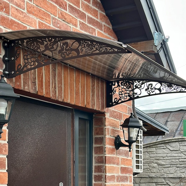 Metal Door Canopy with Grapevine Ornament, Polycarbonate Entrance Awning, Front Porch Shelter Cover, Hardware Included